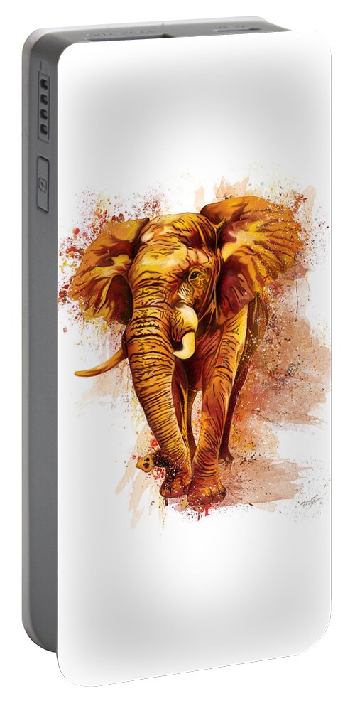 African Elephant Portable Battery Charger featuring the painting African elephant splatter painting, orange and yellow elephant by Nadia CHEVREL