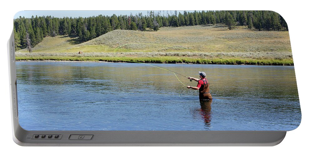 Ahhhh Portable Battery Charger featuring the photograph Ahhhh, West and Weewaxation at Wast -- Fisherman in Yellowstone National Park, Wyoming by Darin Volpe