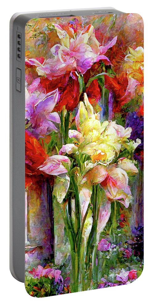 Abstract Portable Battery Charger featuring the digital art AI Dahlias Gladioli Lilies Roses Irises 3 by Peggi Wolfe