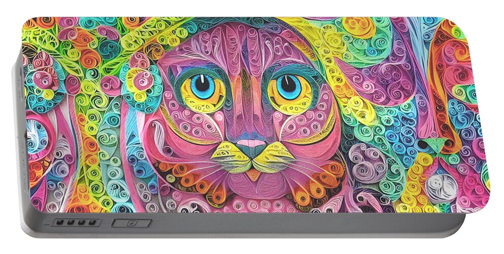 Abstract Portable Battery Charger featuring the digital art AI - Quilling Multicolor Cat by Peggi Wolfe