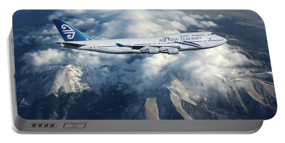 Air New Zealand Airlines Portable Battery Charger featuring the mixed media Air New Zealand Boeing 747 by Erik Simonsen