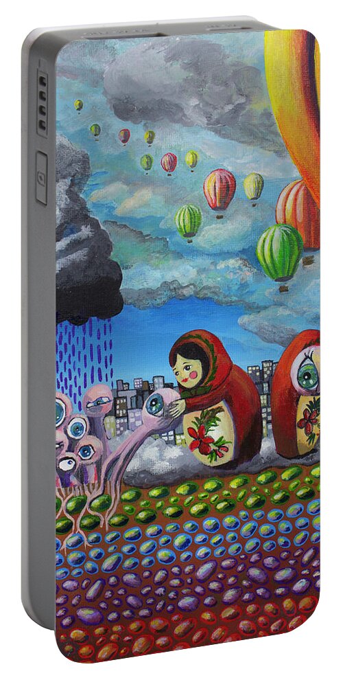 Wake Portable Battery Charger featuring the painting Alarm Clock by Mindy Huntress