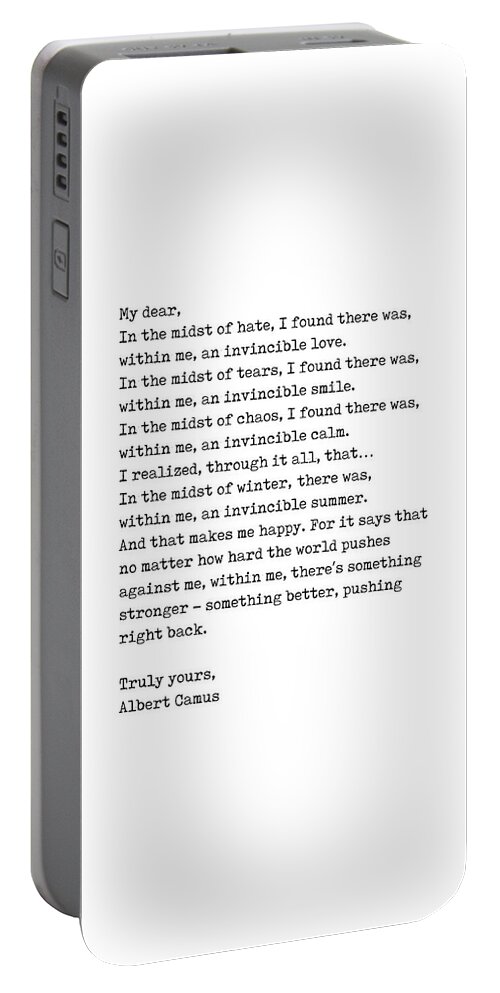 Albert Camus Portable Battery Charger featuring the digital art Albert Camus Quote - Invincible Summer 1 - Typewriter Print - Minimalist, Inspiring Literary Quote by Studio Grafiikka