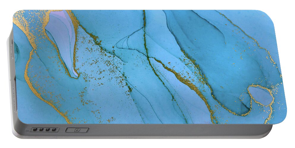 Blue Portable Battery Charger featuring the painting Alcohol ink blue and gold abstract background. Ocean style water by Tony Rubino