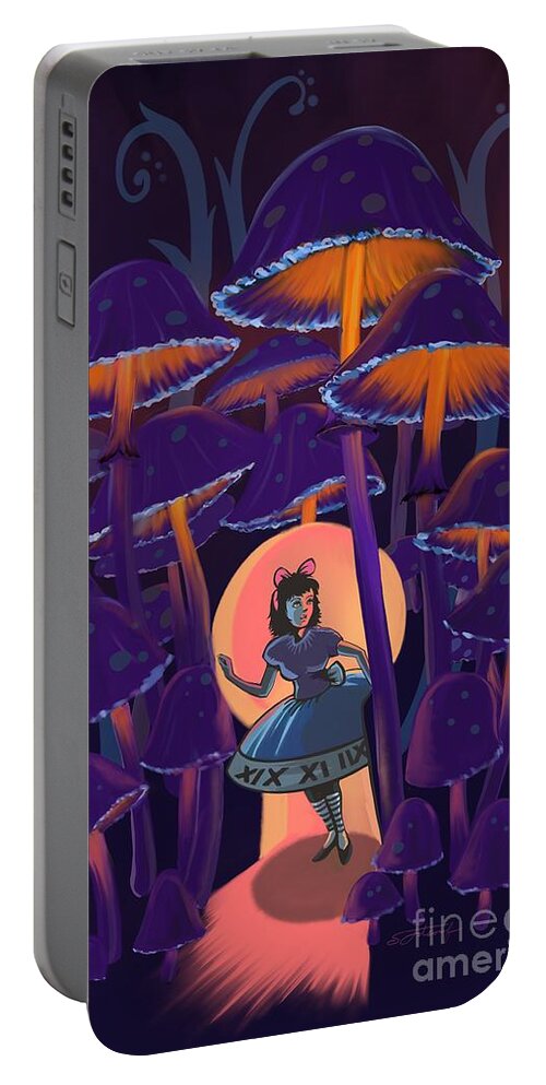 Alice In Wonderland Portable Battery Charger featuring the painting Alice in Mushroom Wonderland by Sassan Filsoof