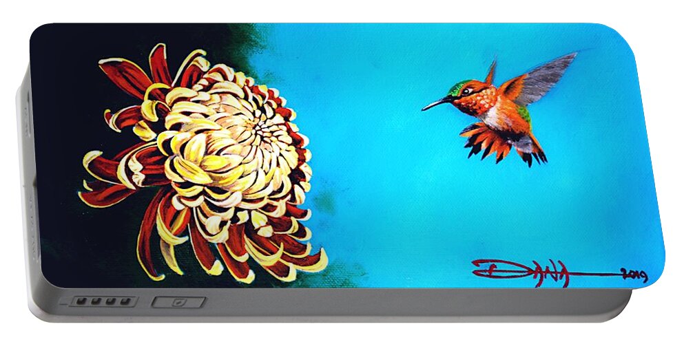Birds Portable Battery Charger featuring the painting Allen's Hummingbird and Chrysanthemum by Dana Newman
