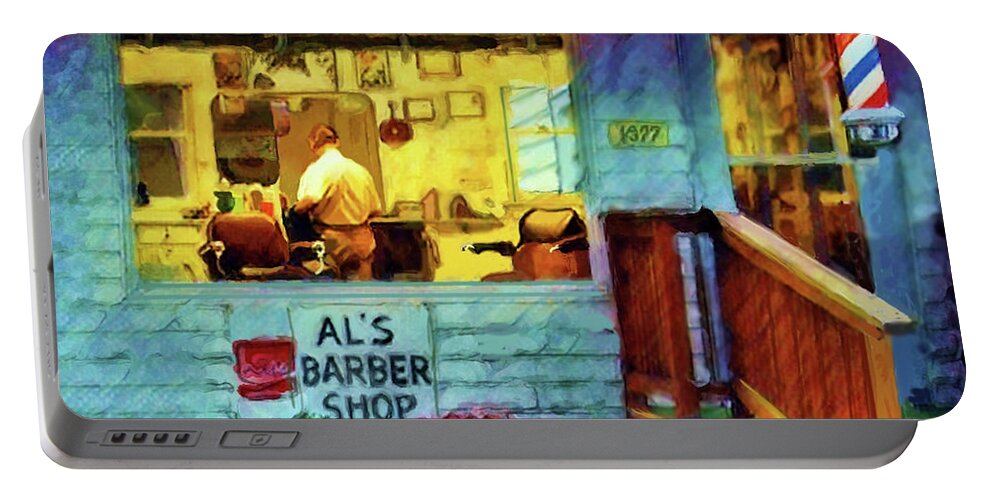 Barbershop Portable Battery Charger featuring the painting Al's Barbershop by Joel Smith