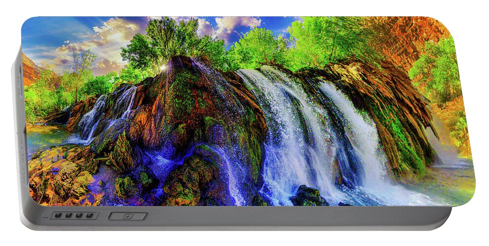 Amazing Portable Battery Charger featuring the photograph Amazing Rushing Waterfall Sunset Sunrays by Eszra Tanner