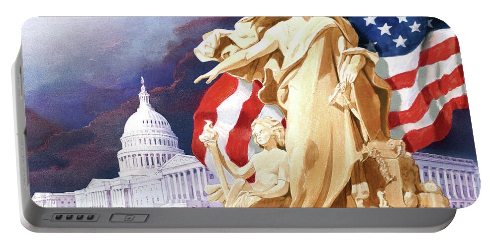 Tom Lydon Portable Battery Charger featuring the painting America - Apotheosis of Democracy - Peace Protecting Genius by Tom Lydon