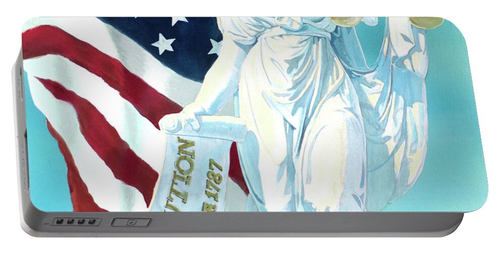 Tom Lydon Portable Battery Charger featuring the painting America - Genius of America - Justice Holding Scale And Scrolls by Tom Lydon