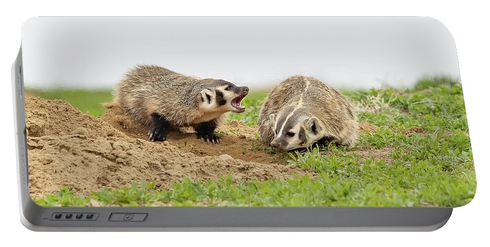 Badger Portable Battery Charger featuring the photograph American Badger Cub Tries to Get Mom to Play by Tony Hake