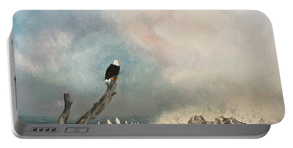 American Eagle Beach Ocean Water Wave Sky Rocks American Flag Miroslaw Chelchowski Acrylic On Canvas Painting Print Blue Clouds Sailing American Land Portable Battery Charger featuring the painting American Eagle by Miroslaw Chelchowski