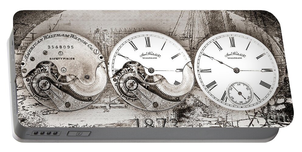 Digital Portable Battery Charger featuring the digital art American Watch Company Waltham Pocket Watch - Black And White by Anthony Ellis