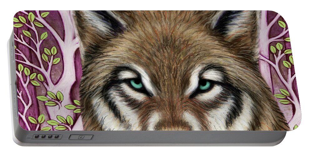 Wolf Portable Battery Charger featuring the painting American Wolf Escapade by Amy E Fraser