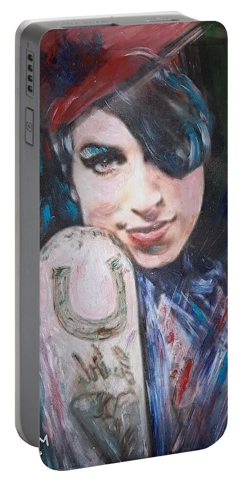 Amy Portable Battery Charger featuring the painting Amy with Tattoos by Sam Shaker