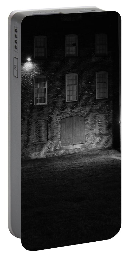 Black And White Portable Battery Charger featuring the photograph An Eerie Building by Karen Harrison Brown