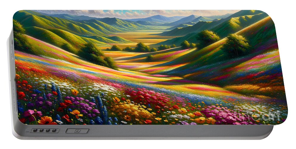 Rolling Hills Portable Battery Charger featuring the painting An expansive view of rolling hills covered in a blanket of wildflowers by Jeff Creation