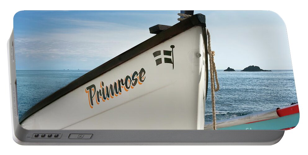 Cape Cornwall Portable Battery Charger featuring the photograph An Island a Lighthouse and a Boat by Terri Waters