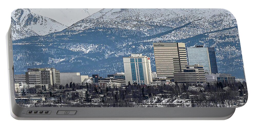 Anchorage Portable Battery Charger featuring the photograph Anchorage Skyline - March by Will Wagner