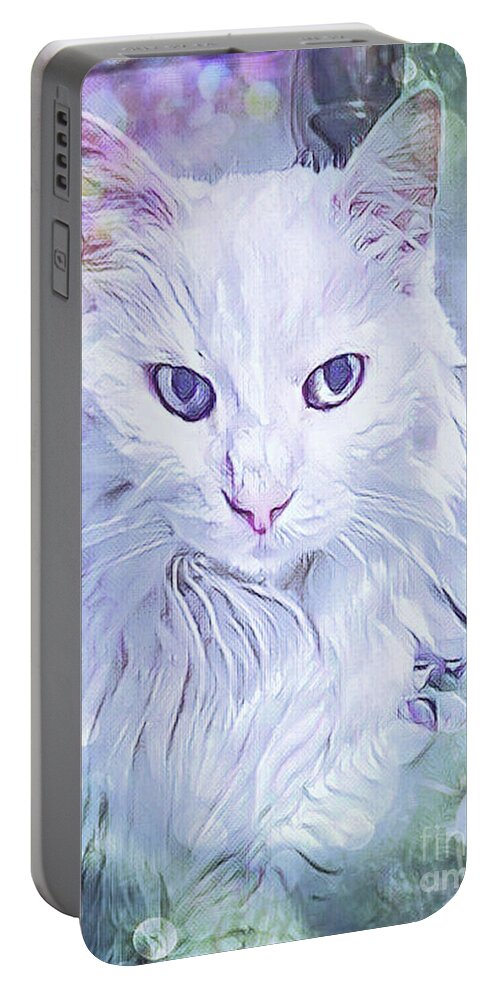 Cat; Kitten; White; White Cat; Green; Long-haired Cat; Angora; Cat Eyes; Kitten Eyes; Macro; Close-up; Photography; Portrait; Watercolor; Dreamy; Portable Battery Charger featuring the photograph Angora Eyes by Tina Uihlein