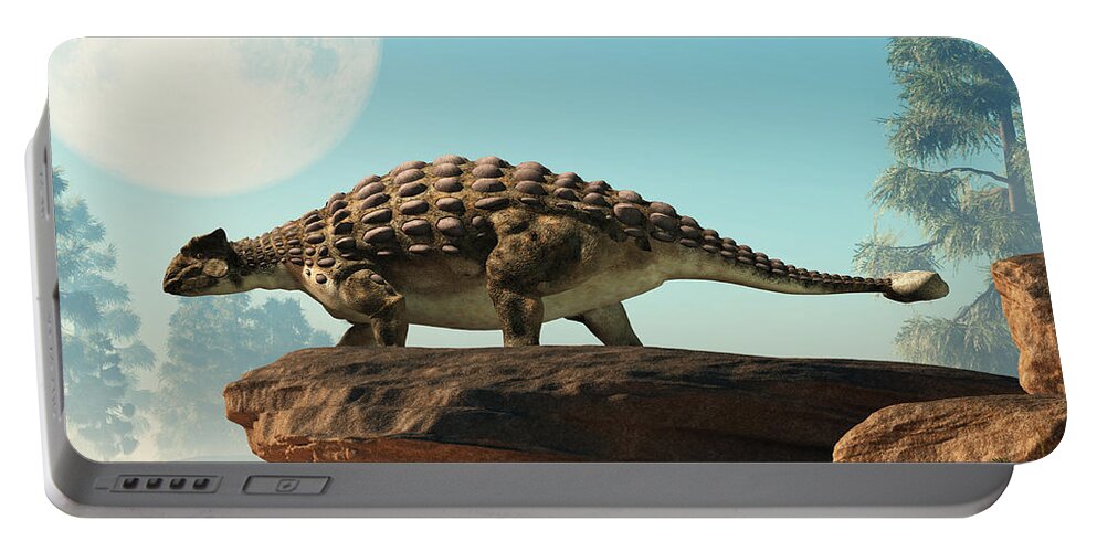 Ankylosaurus Portable Battery Charger featuring the digital art Ankylosaurus Looking at the Full Moon by Daniel Eskridge