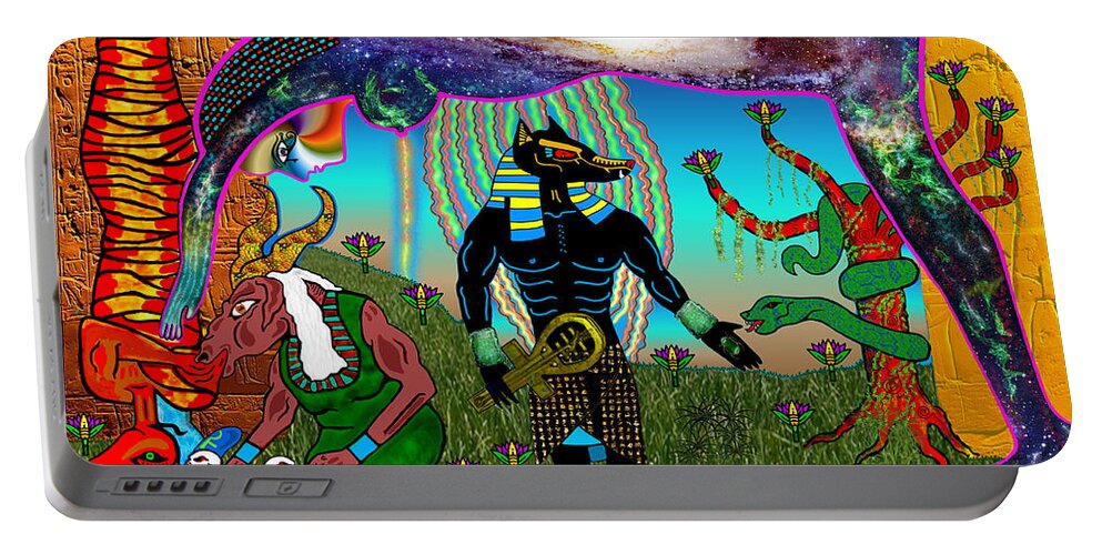 Anubis Portable Battery Charger featuring the mixed media Anubis and Nut Ceremony by Myztico Campo