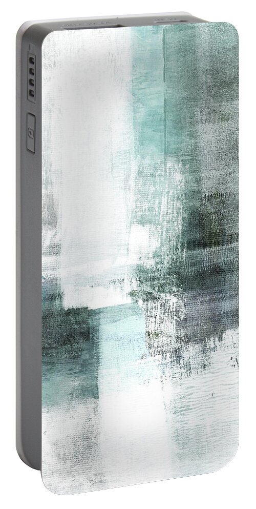 Aqua Portable Battery Charger featuring the painting Aqua Blue and Grey Modern Abstract Landscape Painting by Janine Aykens
