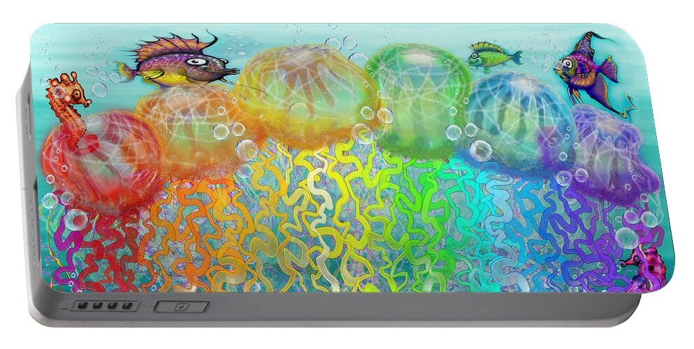 Aquatic Portable Battery Charger featuring the digital art Aqua Jellyfish Rainbow Fantasy by Kevin Middleton
