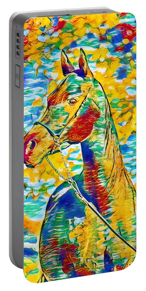 Arabian Horse Portable Battery Charger featuring the digital art Arabian horse colorful portrait in blue, cyan, green, yellow and red by Nicko Prints