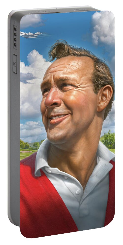 Jet Portable Battery Charger featuring the digital art Arnold Palmer Was Also a Pilot by Mark Fredrickson