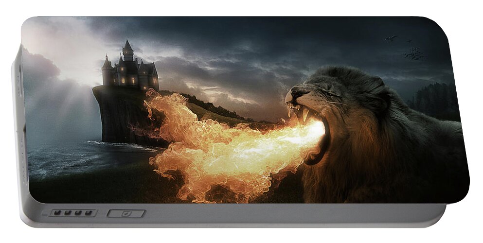 Lion Portable Battery Charger featuring the digital art Art - Lion of Fire by Matthias Zegveld