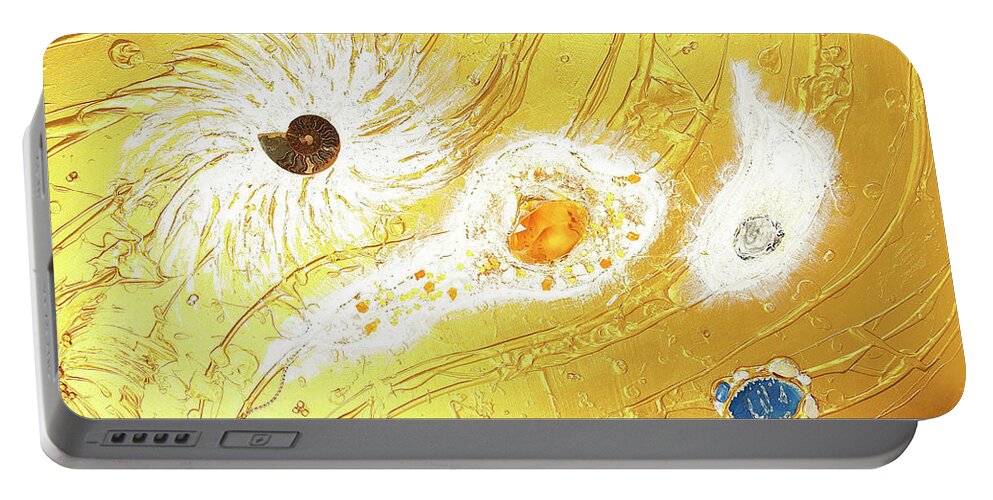 The Golden Peace Flow Of Creation Portable Battery Charger featuring the relief Artscape No. 2 The golden peace flow of creation by Heidi Sieber
