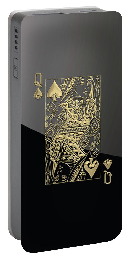 'gamble' Collection By Serge Averbukh Portable Battery Charger featuring the digital art Queen of Spades in Gold on Black  by Serge Averbukh