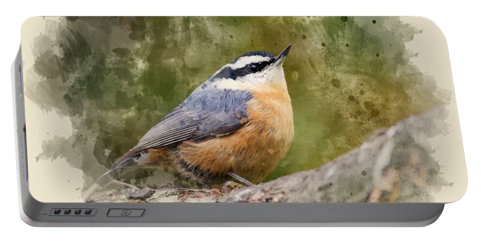 Nuthatch Portable Battery Charger featuring the mixed media Nuthatch Watercolor Art by Christina Rollo