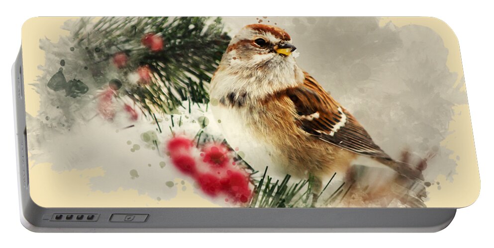 Bird Portable Battery Charger featuring the mixed media American Tree Sparrow Watercolor Art by Christina Rollo