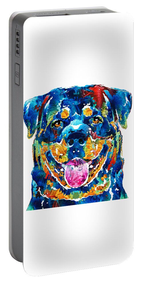 Rottweiler Portable Battery Charger featuring the painting Colorful Rottie Art - Rottweiler by Sharon Cummings by Sharon Cummings
