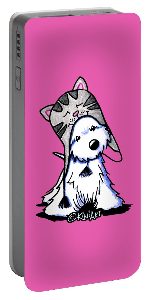 Westie Portable Battery Charger featuring the drawing Kitty Hat Westie by Kim Niles aka KiniArt