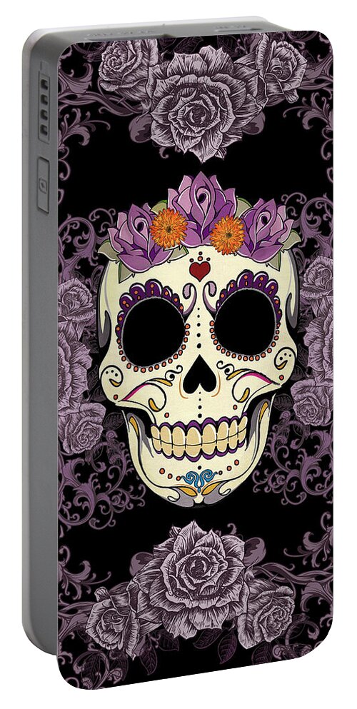 Sugar Skull Portable Battery Charger featuring the digital art Vintage Sugar Skull and Roses by Tammy Wetzel