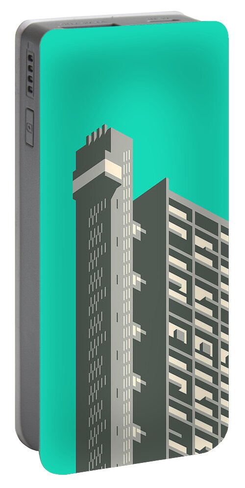 Trellick Portable Battery Charger featuring the digital art Trellick Tower London Brutalist Architecture - Turquoise by Organic Synthesis
