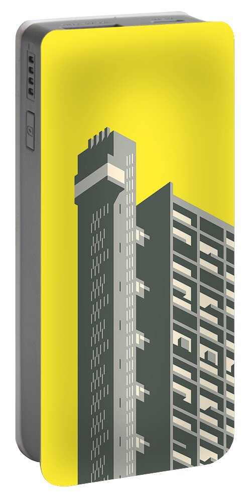 Trellick Portable Battery Charger featuring the digital art Trellick Tower London Brutalist Architecture - Yellow by Organic Synthesis