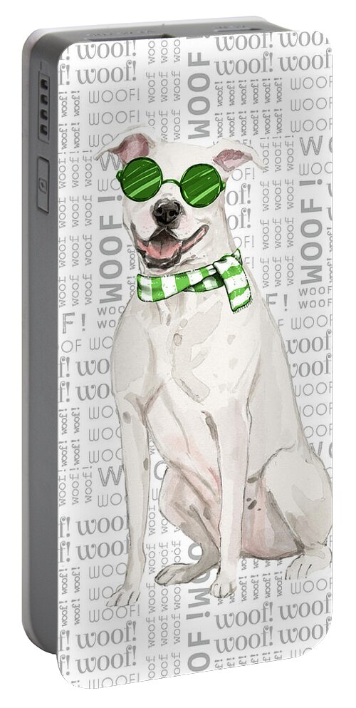 American Staffordshire Terrier Portable Battery Charger featuring the digital art White Pit Bull Fleas Navidog by Doreen Erhardt