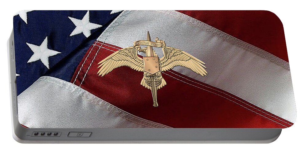 Military Insignia & Heraldry Collection By Serge Averbukh Portable Battery Charger featuring the digital art Marine Special Operator Insignia - USMC Raider Dagger Badge over American Flag by Serge Averbukh