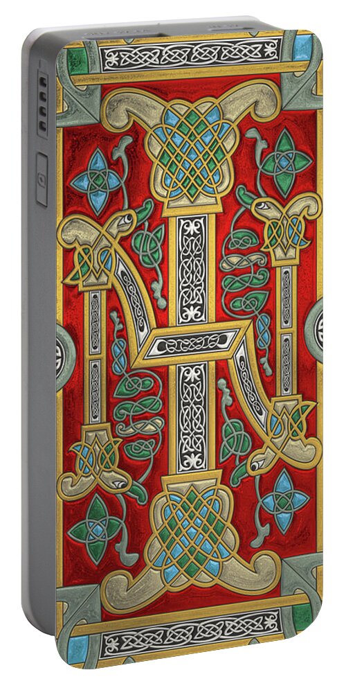 ‘celtic Treasures’ Collection By Serge Averbukh Portable Battery Charger featuring the digital art Ancient Celtic Runes of Hospitality and Potential - Illuminated Plate over White Leather by Serge Averbukh