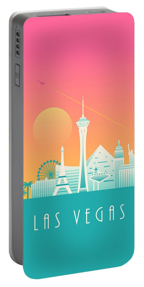 Las Vegas Portable Battery Charger featuring the digital art Las Vegas City Skyline Retro Art Deco - Morning by Organic Synthesis