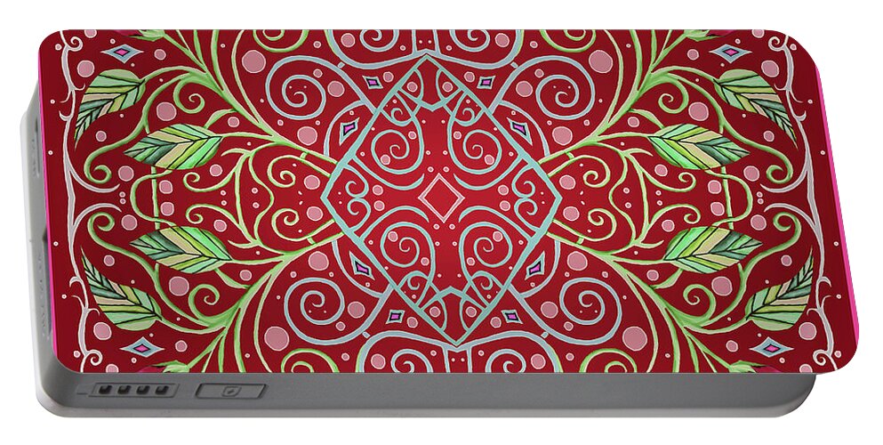 Red On Red Portable Battery Charger featuring the mixed media Red on Red Floral Design with Leaves and Diamond by Lise Winne