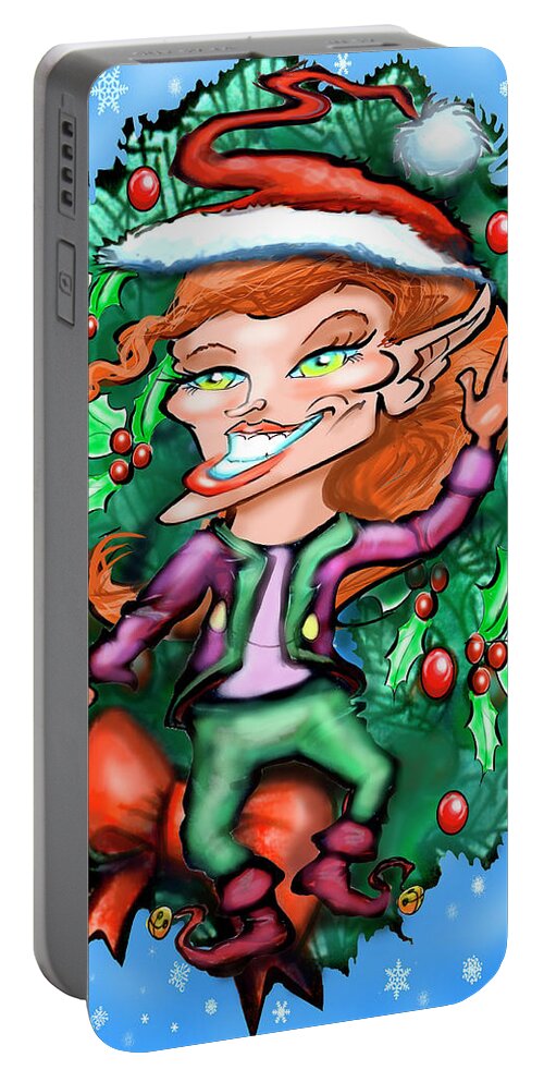 Christmas Portable Battery Charger featuring the digital art Christmas Elf with Wreath by Kevin Middleton