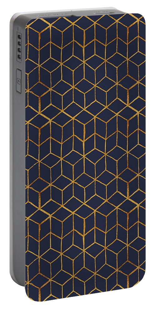 Geometric Portable Battery Charger featuring the painting Modern Blue and Gold Geometric Pattern Art by Jen Montgomery by Jen Montgomery