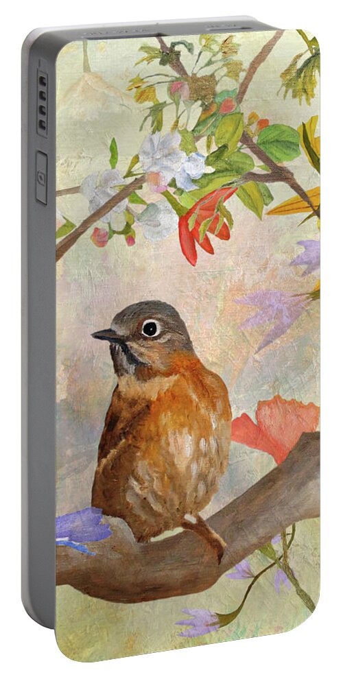 Bluebird Portable Battery Charger featuring the painting Bluebird On A Blossoming Branch by Angeles M Pomata