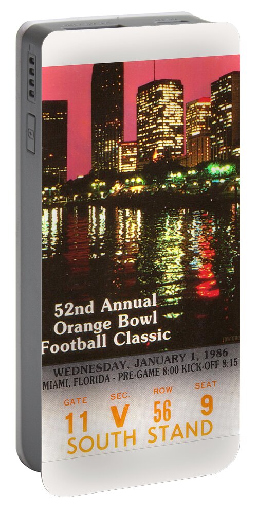1986 Portable Battery Charger featuring the mixed media 1986 Oklahoma Sooners Orange Bowl National Champions Ticket Stub by Row One Brand