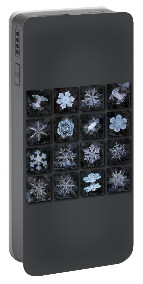 Snowflake Portable Battery Charger featuring the photograph Dark snowflake collage - winter 2020-21 by Alexey Kljatov